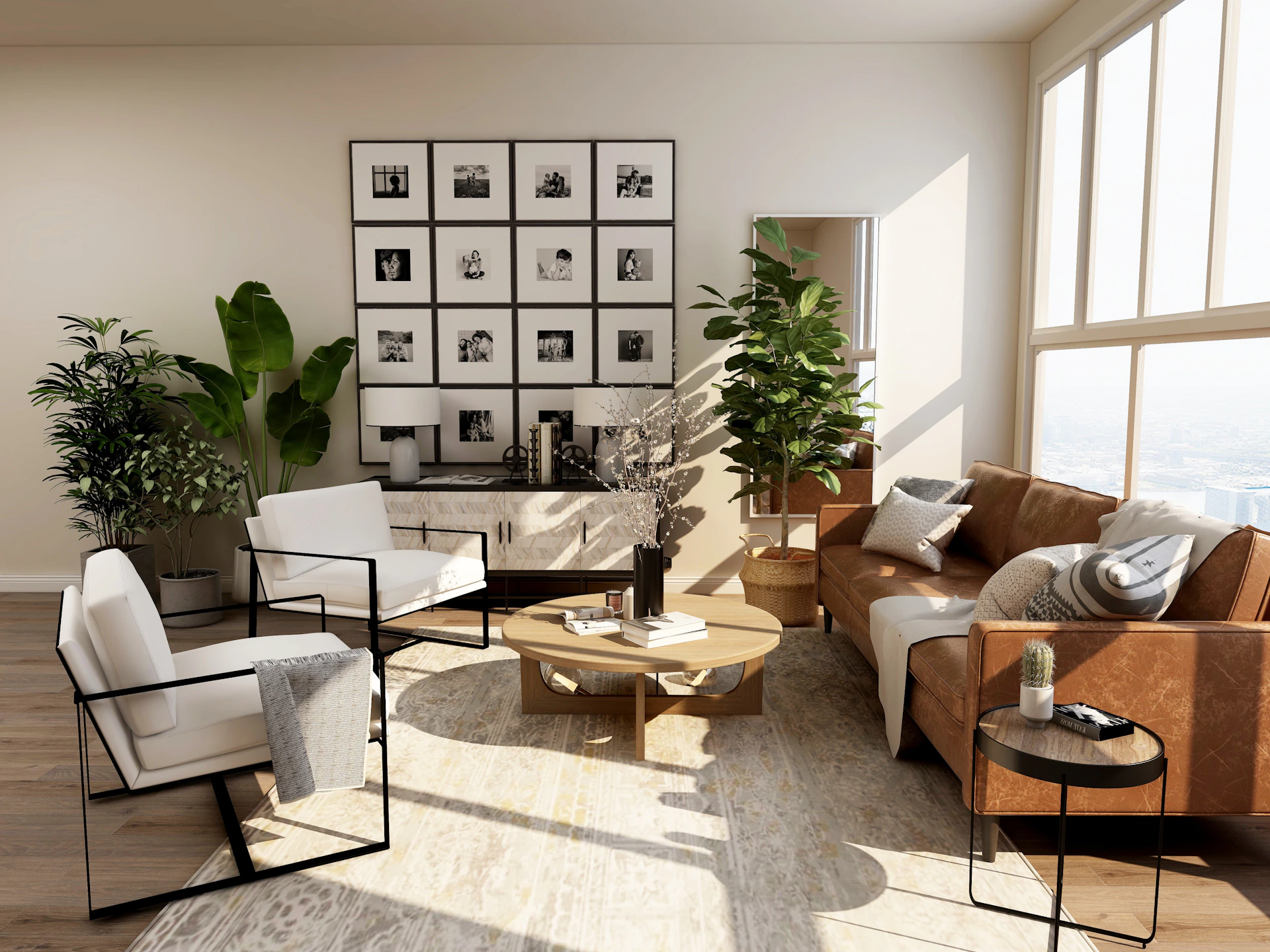 Een lichte woonkamer met natuurlijke materialen, planten en warm zonlicht